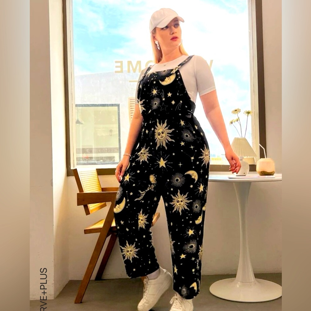 SUN & MOON OVERALLS FROM SHEIN size 2x black with yellow suns jumpsuit